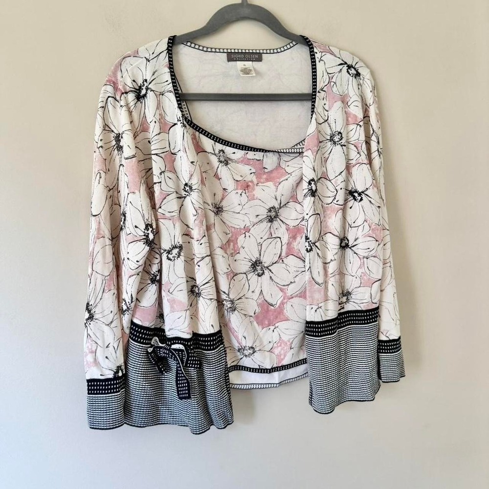 Pink white and black floral polkadot Cami and cardigan set AS IS